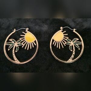 Goldtone Sun and Palm Tree Hoop Earrings